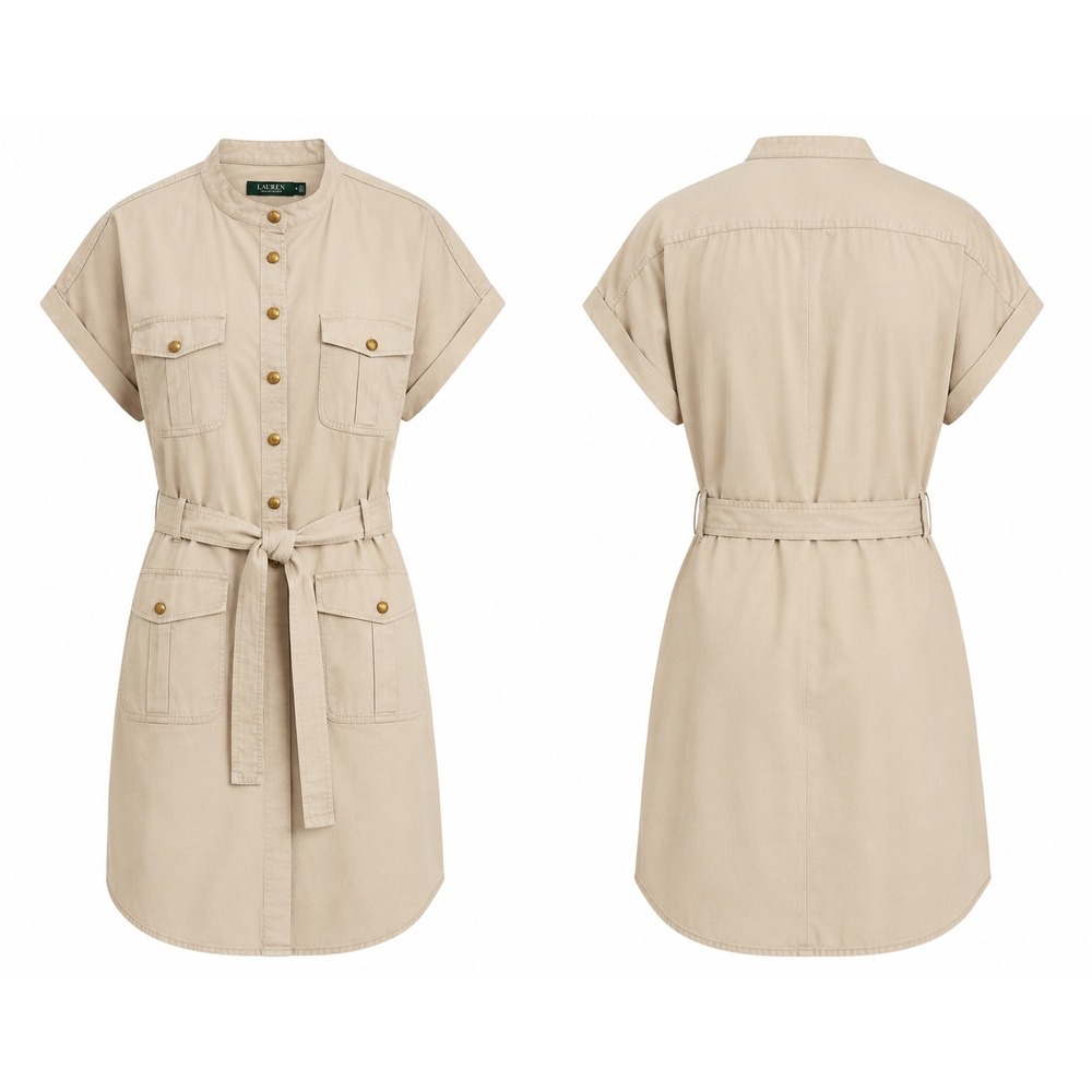 Lauren Ralph Lauren Beige Utility Shirt Dress Gold Crest Button Belted Khaki‎ 16